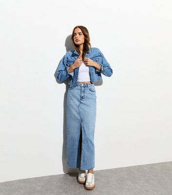 Parachute Low Waist Split Front Maxi Denim Skirt - Soft Blue