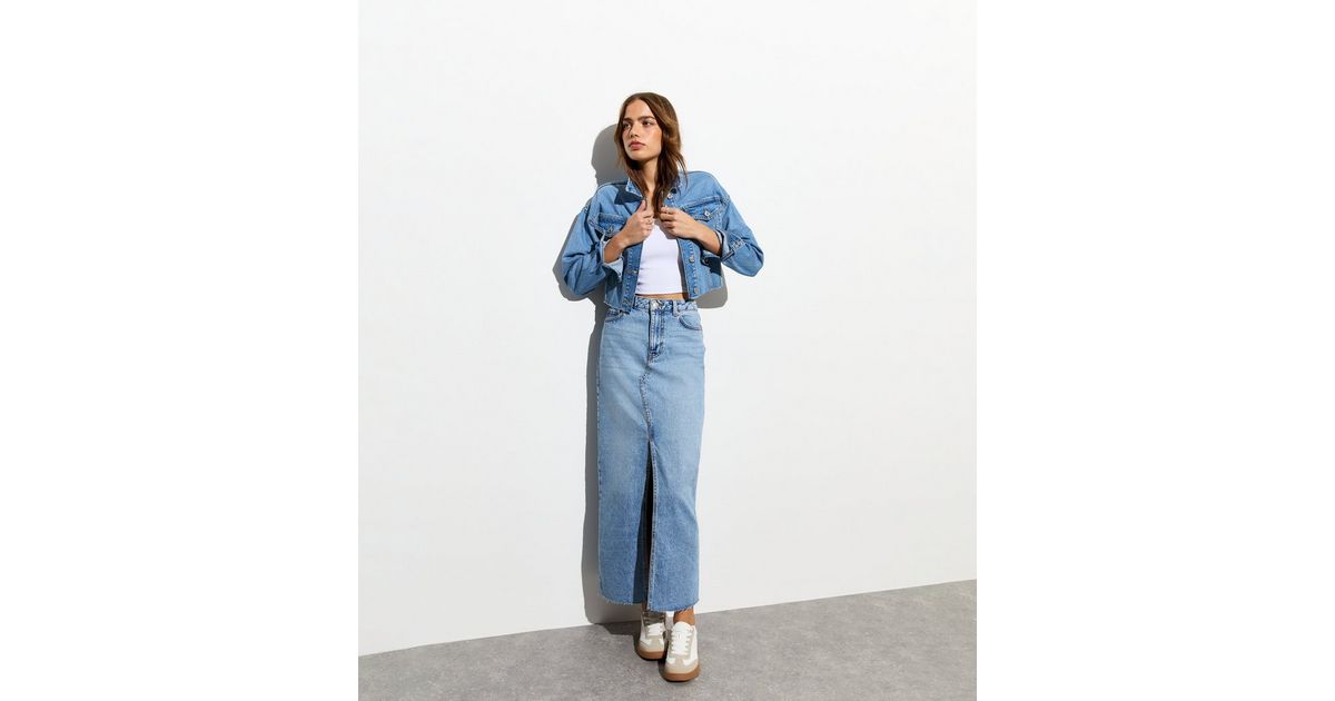 Pale Blue Denim Split Front Maxi Skirt New Look