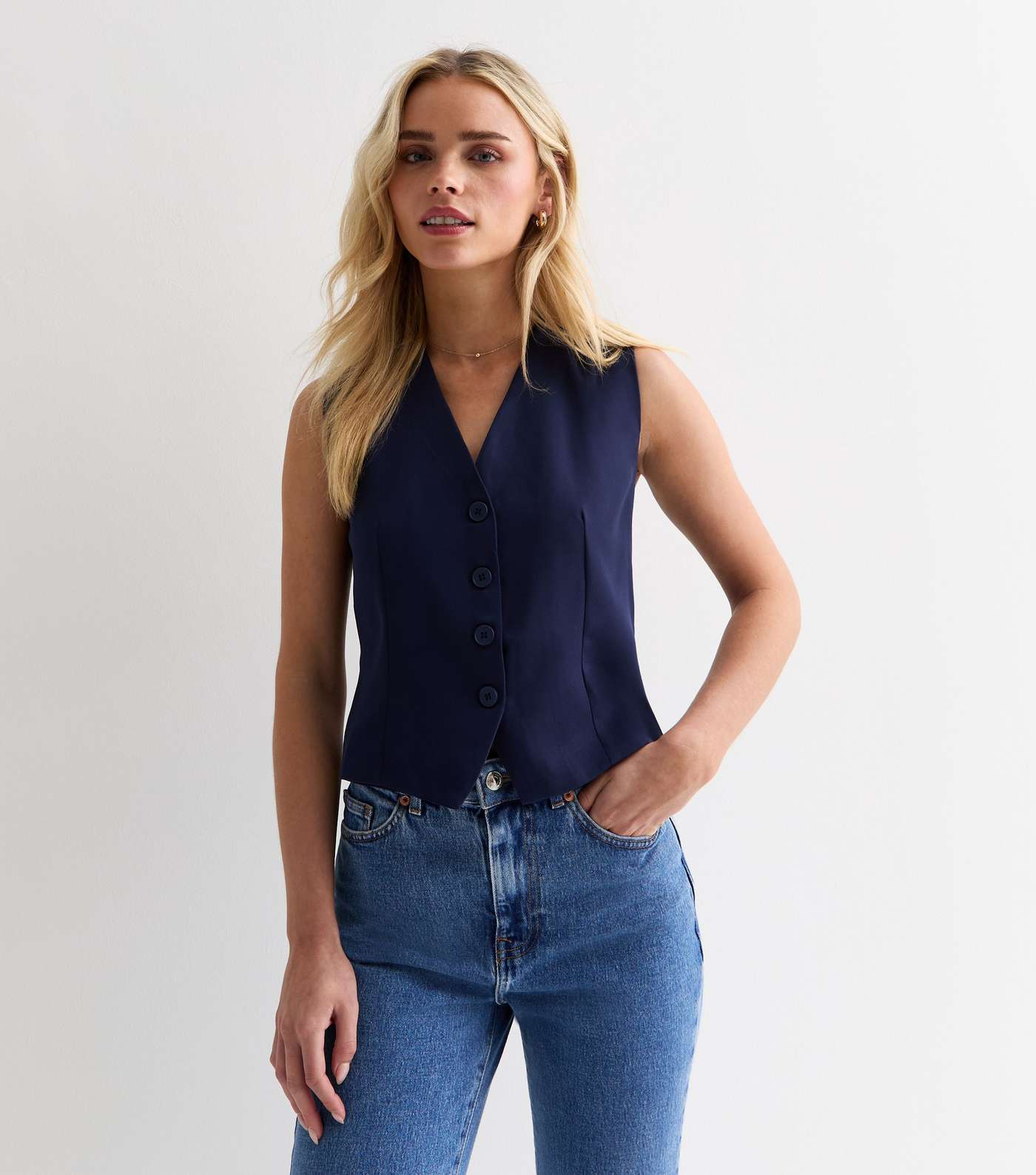 Petite Navy Button Front Waistcoat | New Look