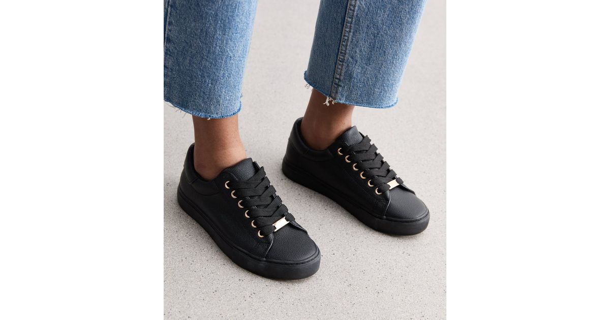 Wide Fit Black Leather-Look Lace Up Trainers New Look