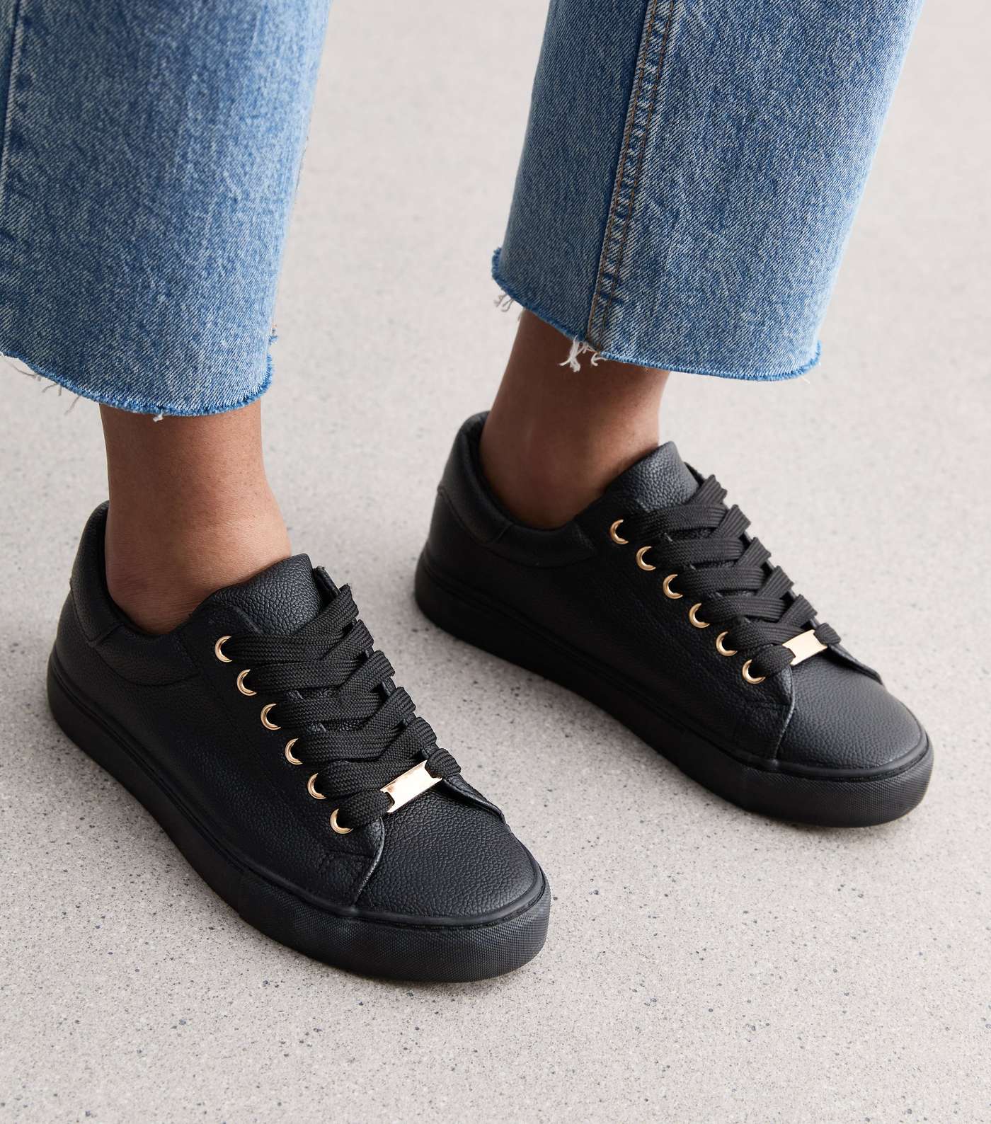 Wide Fit Black Leather-Look Lace Up Trainers Image 2