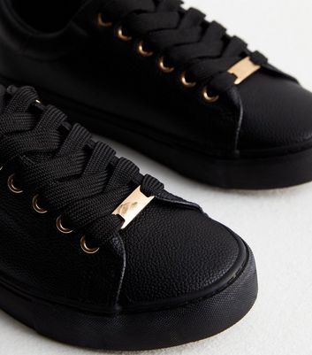 Wide Fit Black Leather Look Lace Up Trainers New Look