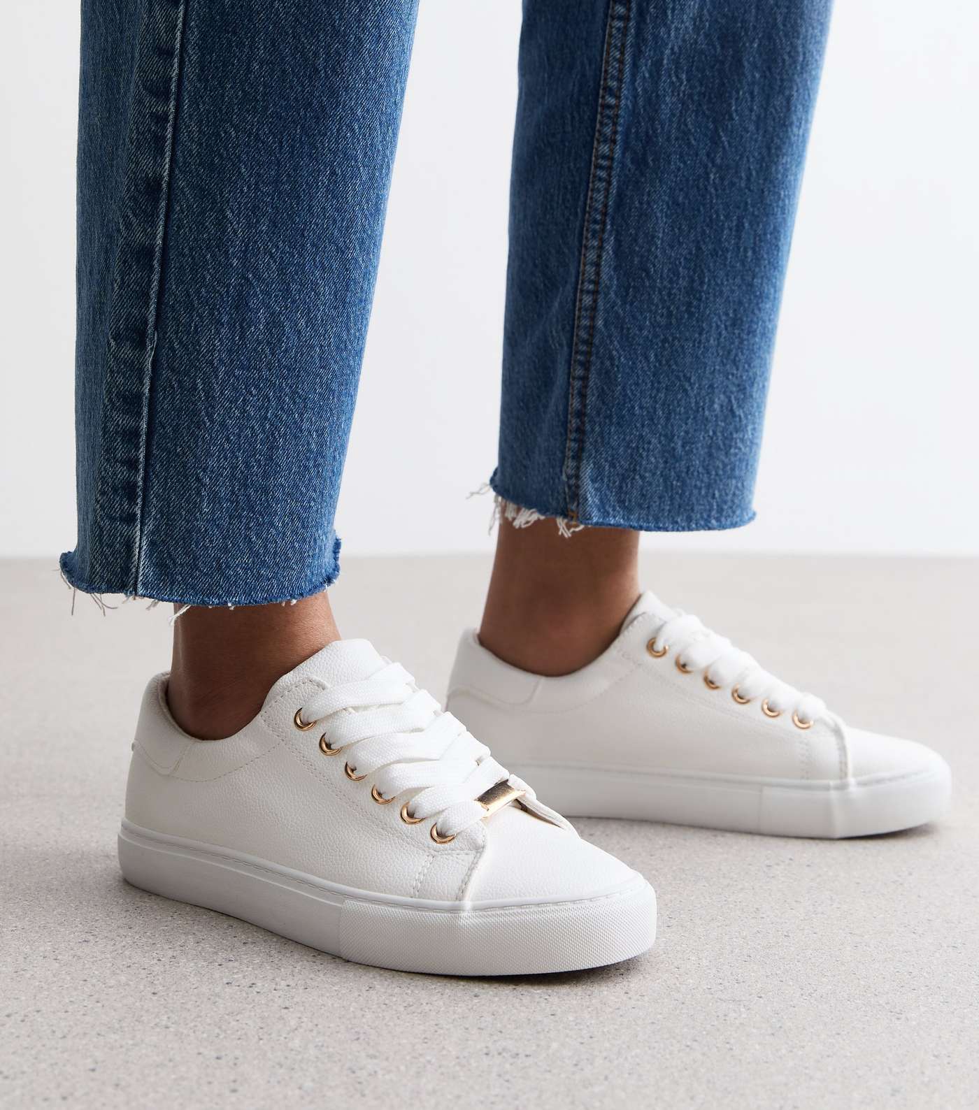 Wide Fit White Leather-Look Lace Up Trainers Image 2
