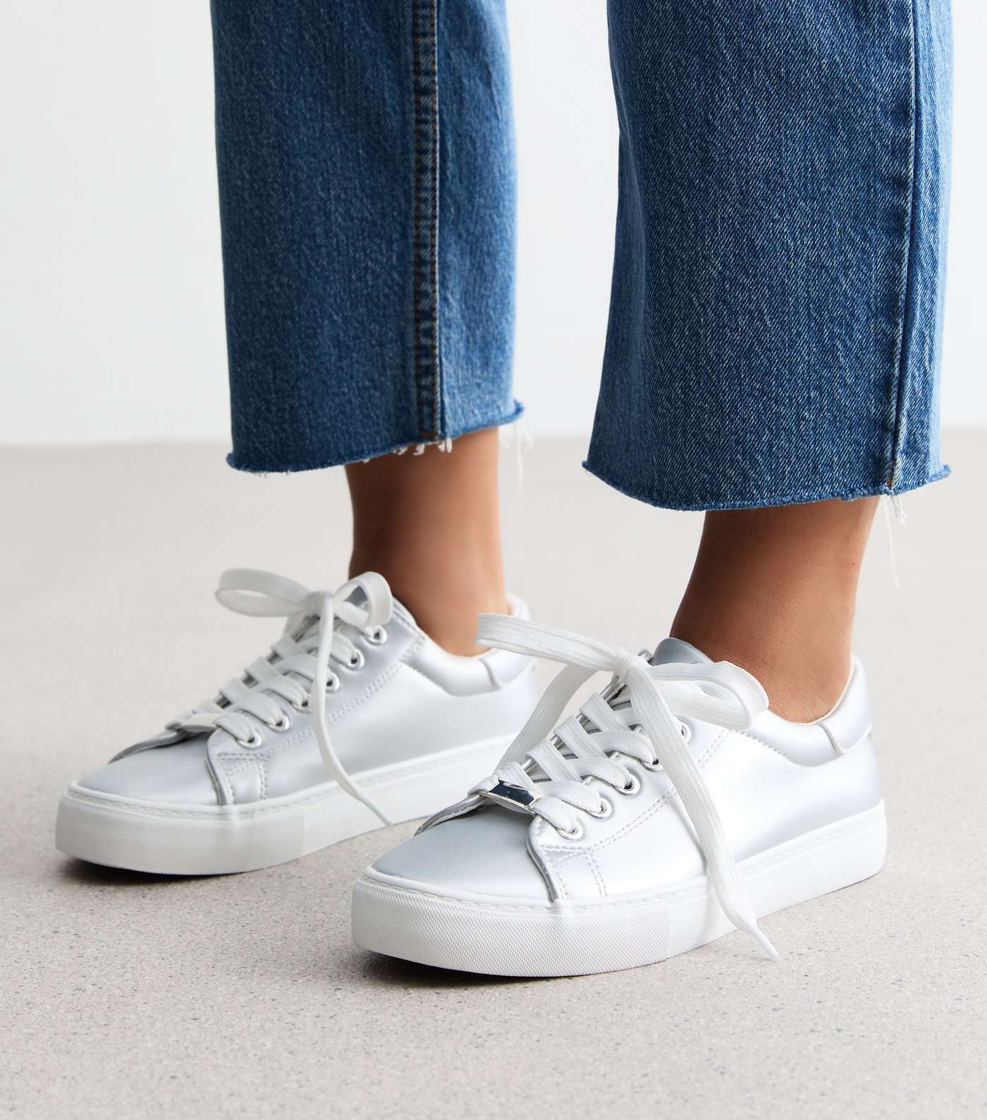 Wide Fit Silver Leather-Look Lace Up Trainers Image 2
