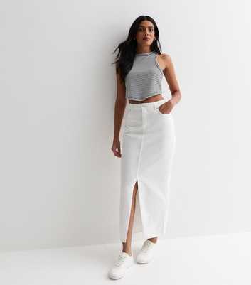 White Denim High Waist Split Hem Maxi Skirt