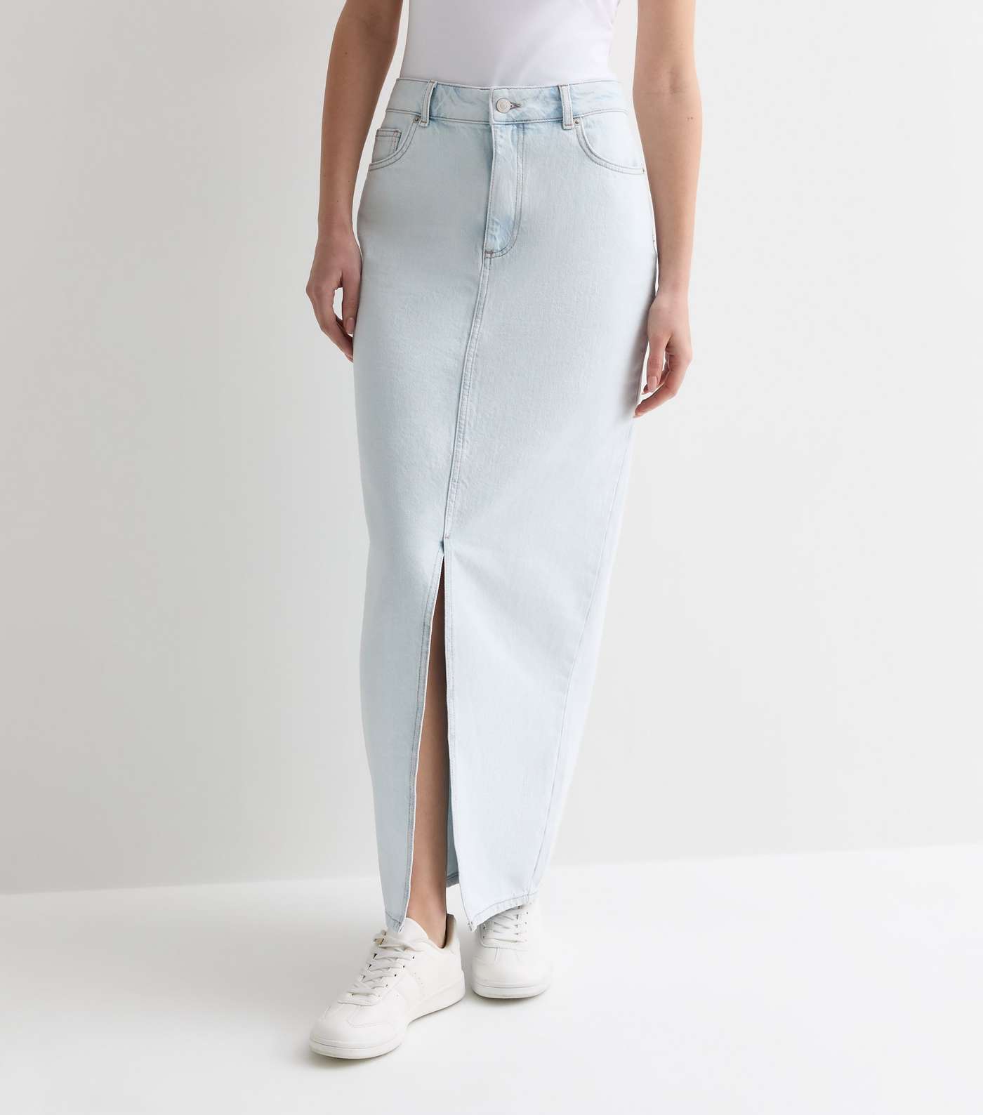 Pale Blue Denim High Waist Split Hem Maxi Skirt Image 3