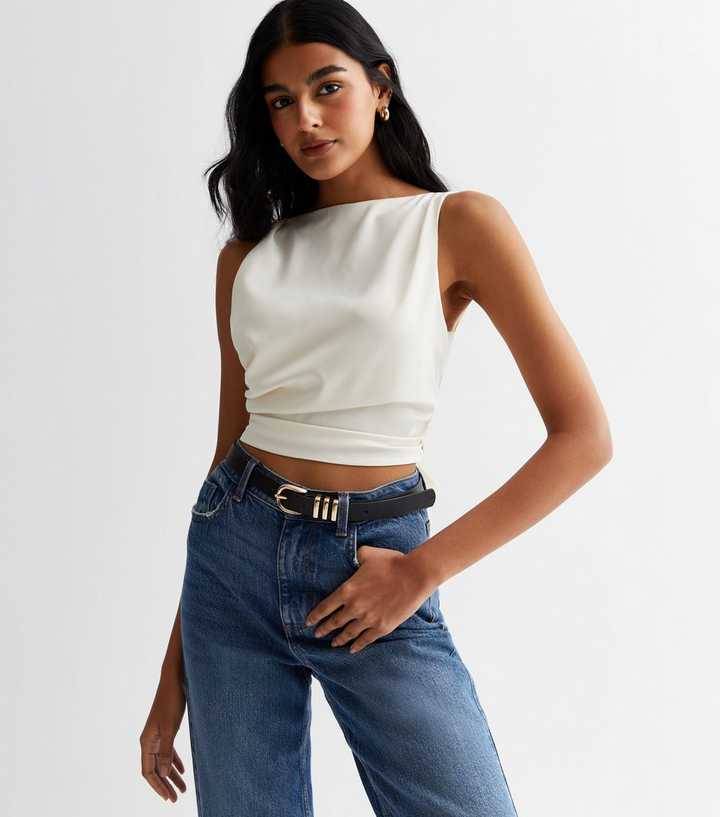 White Satin Cami Tie Front Crop Top, Tops