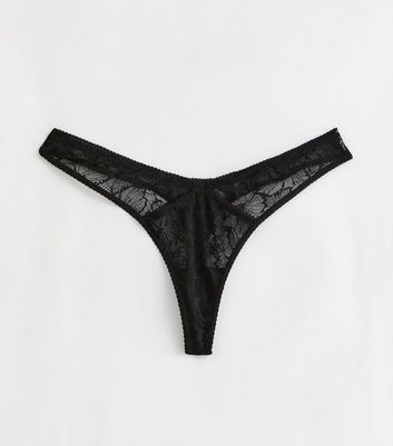 Black Butterfly Lace V Front Thong New Look