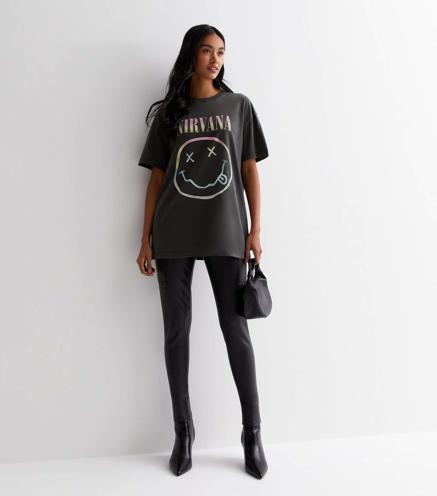 Dark Grey Acid Wash Nirvana Logo T-Shirt Image 3