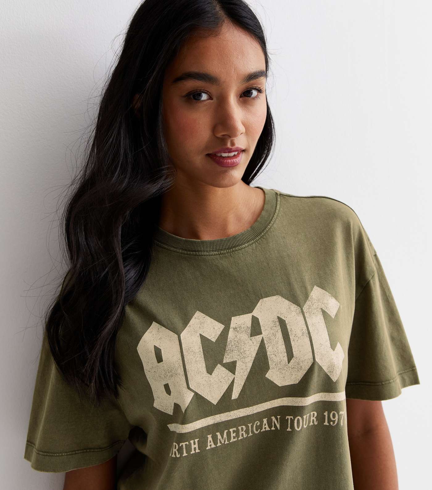 Khaki Acid Wash Cotton ACDC Oversized Logo T-Shirt Image 2
