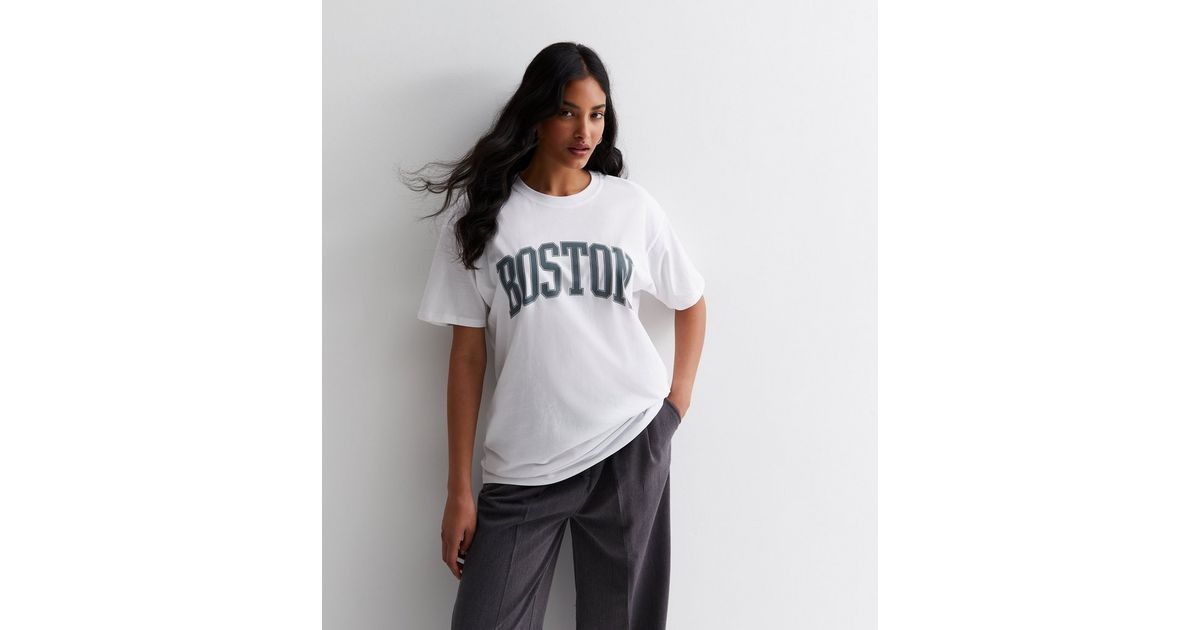 White Cotton Boston Logo Oversized T-Shirt