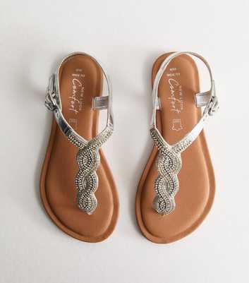 Wide Fit Silver Leather Embellished Toe Post Sandals