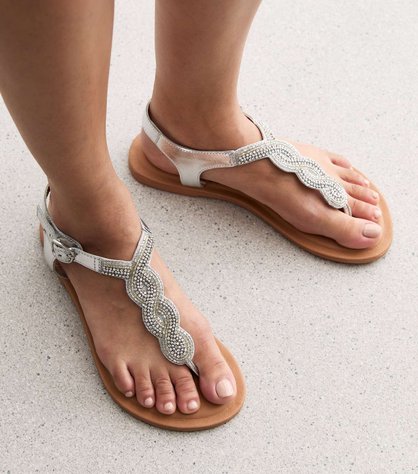 Wide Fit Silver Leather Embellished Toe Post Sandals Image 2