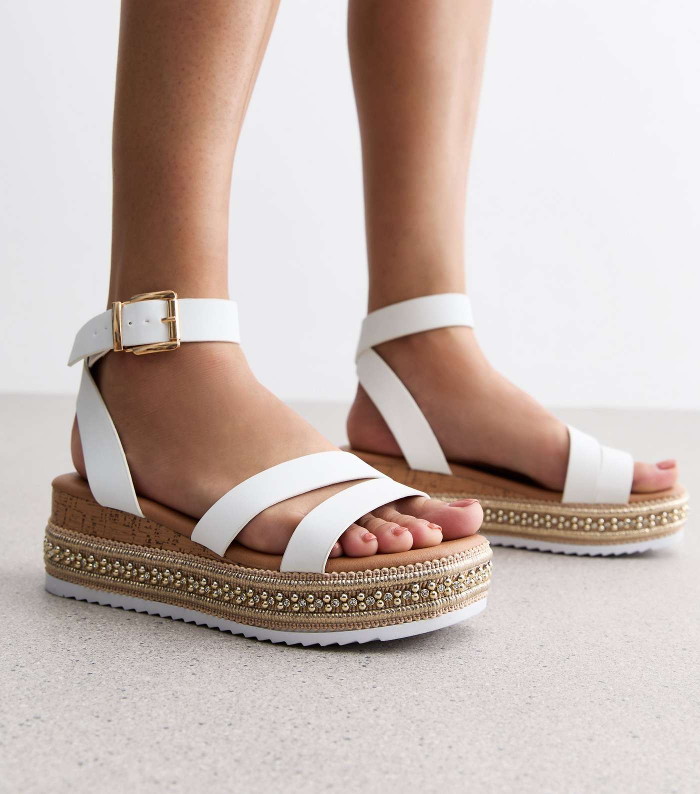 Wide Fit White Leather-Look Embellished Flatform Sandals Image 2