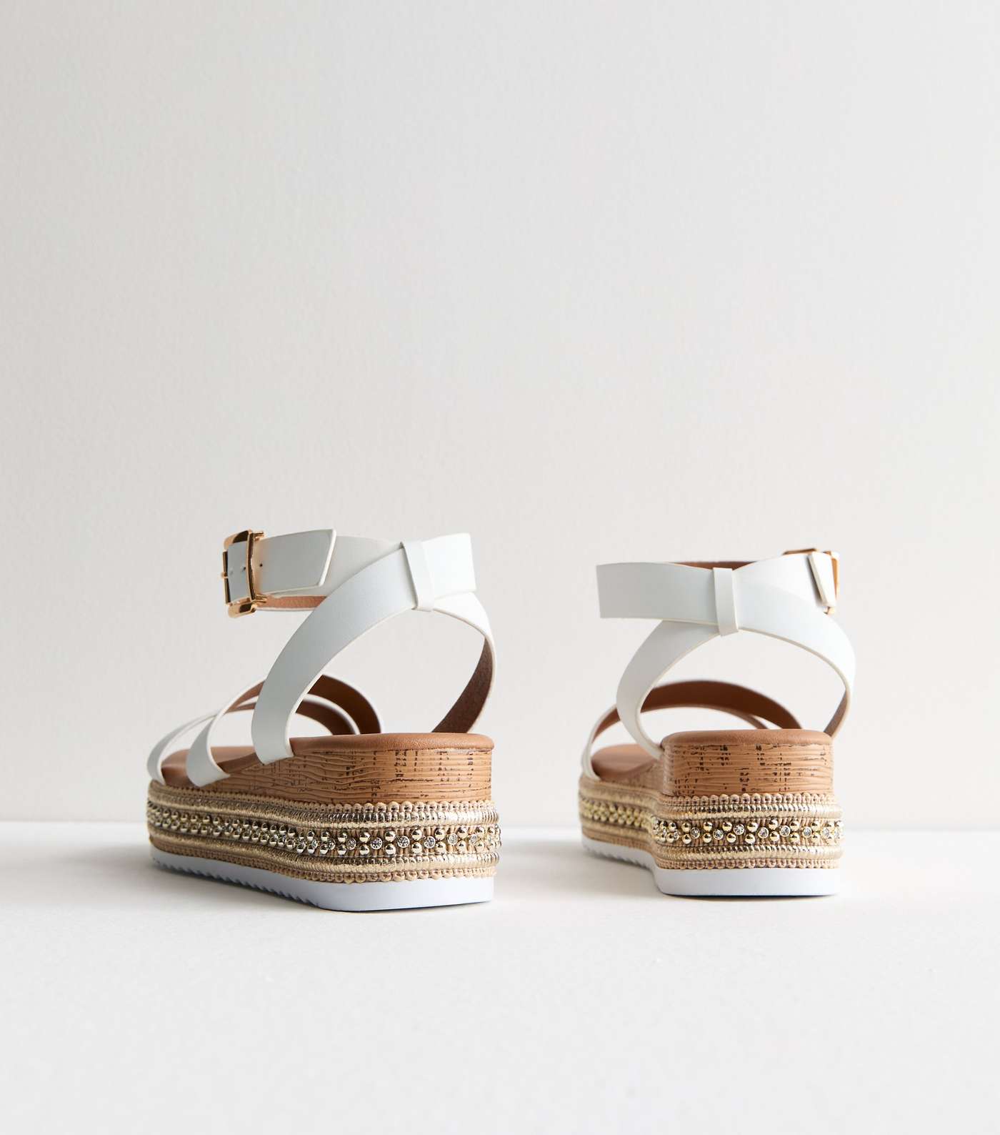 Wide Fit White Leather-Look Embellished Flatform Sandals Image 4