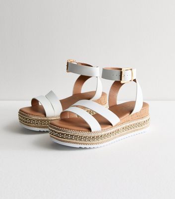 Wide Fit White Leather-Look Embellished Flatform Sandals New Look