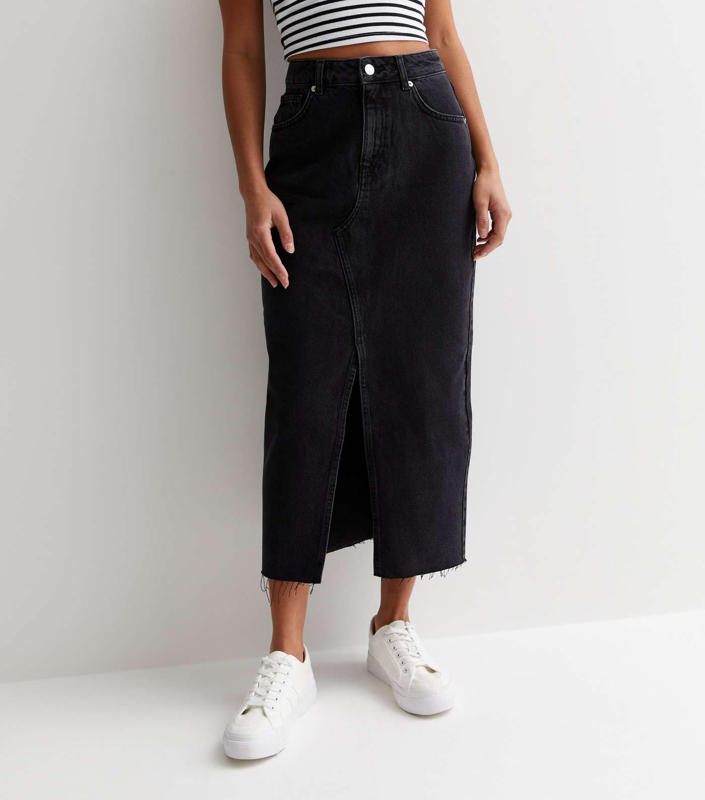 Petite Black Denim Midi Skirt Image 2