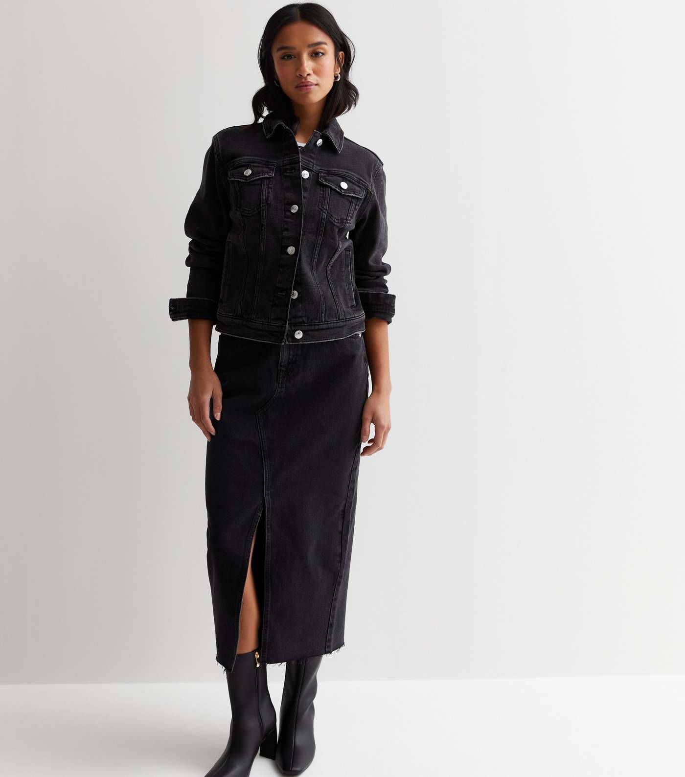 Petite Black Denim Midi Skirt Image 6