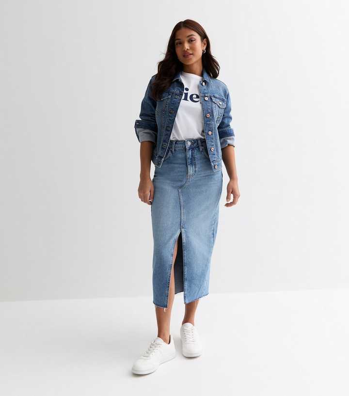 Petite Blue Denim Raw Hem Midi Skirt