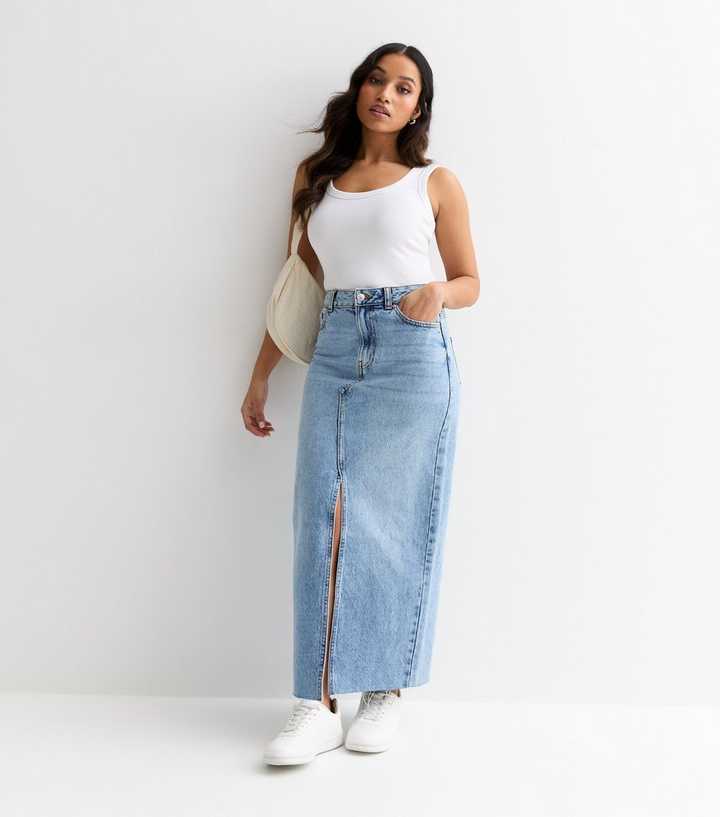 Petite Pale Blue Denim Split Front Maxi Skirt