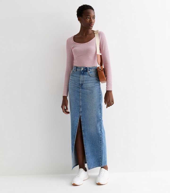 Tall Blue Vintage Tint Denim Split Front Maxi Skirt