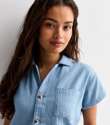 Petite Pale Blue Denim Short Sleeve Jumpsuit New Look