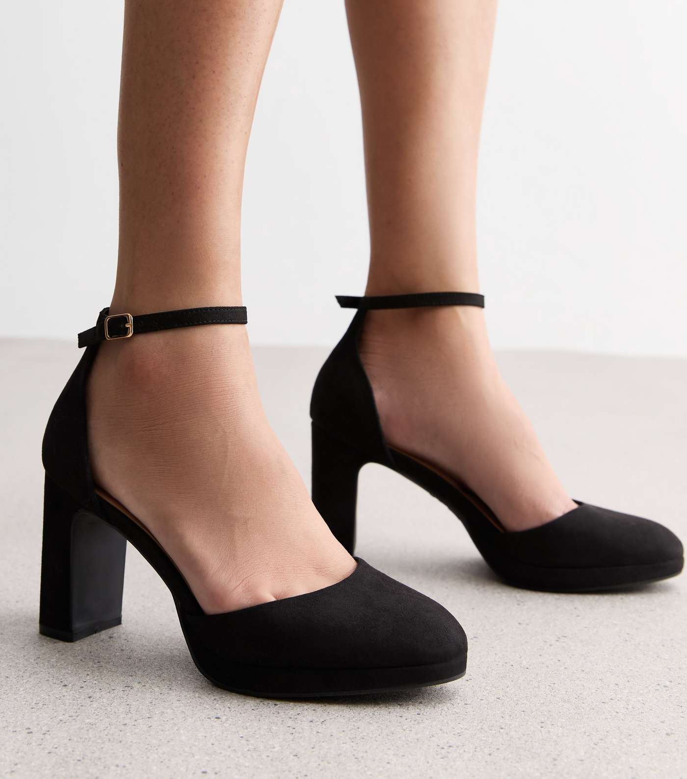 Black Suedette Platform Block Heel Court Shoes Image 2
