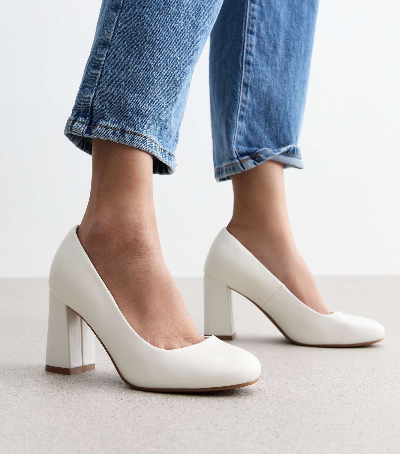 Wide Fit White Leather-Look Rounded Block Heel Court Shoes Image 2