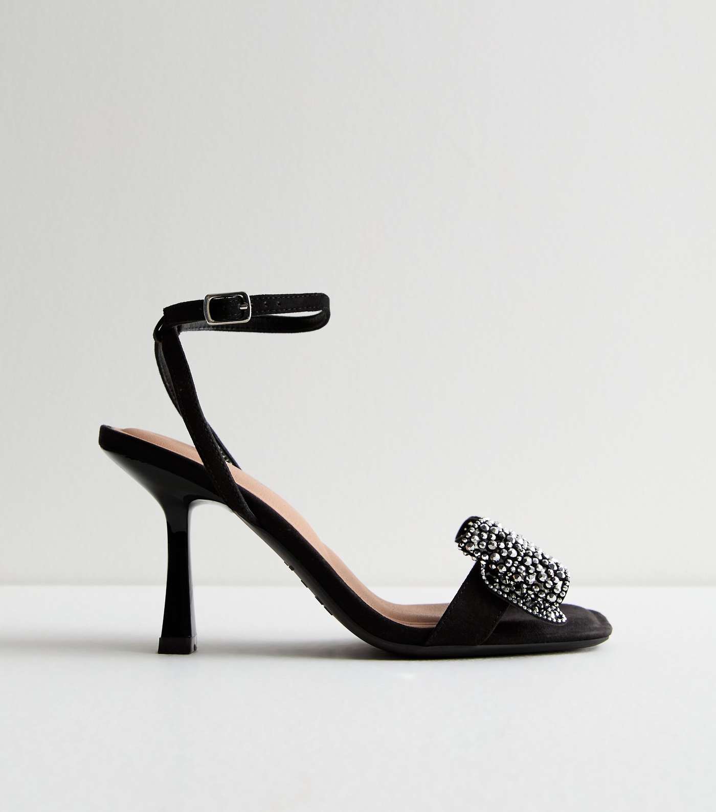 Black Suedette Diamanté Bow Stiletto Sandals Image 3