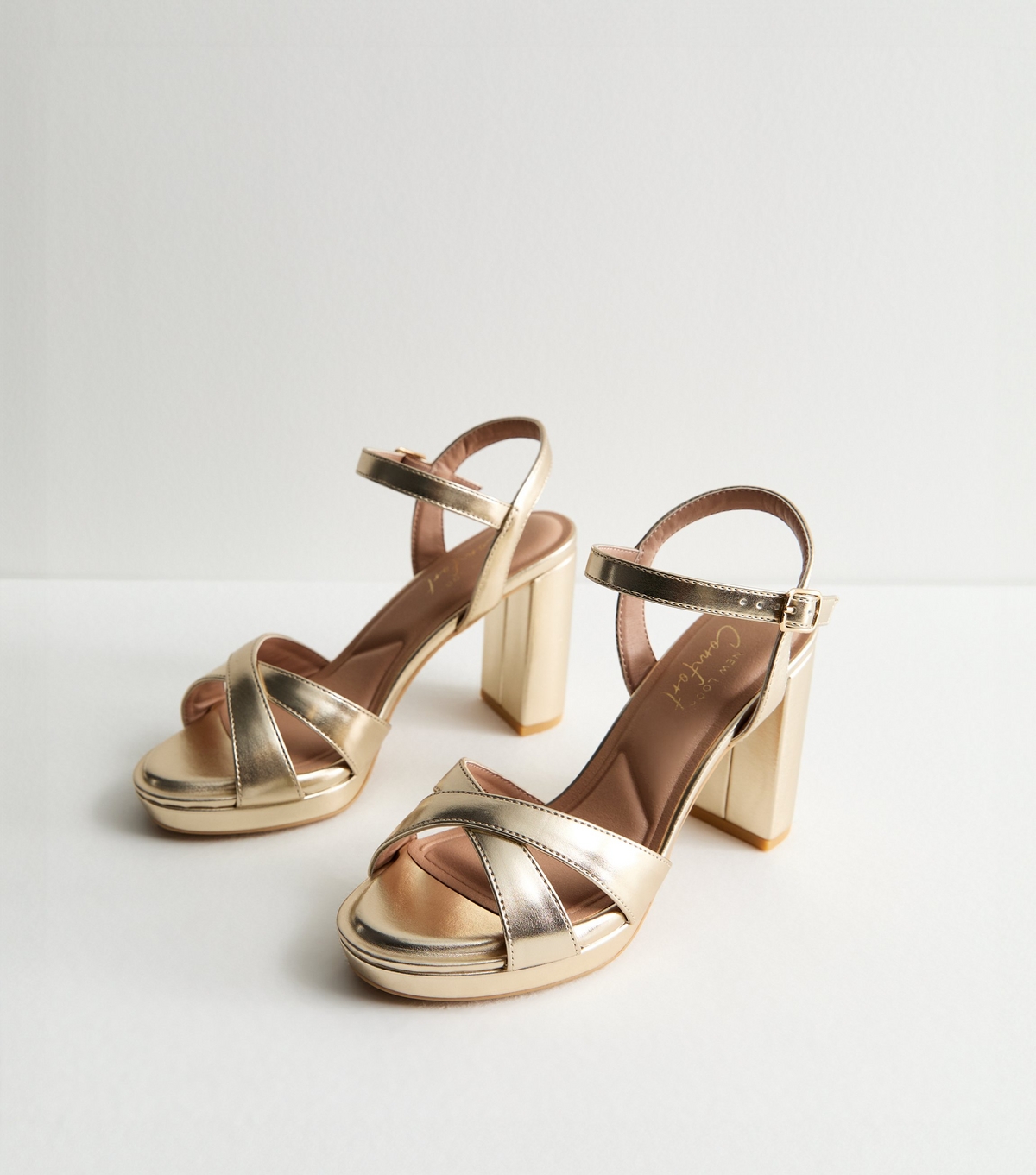 Women's Gold Metallic 2 Part Block Heel Sandals Vegan New Look