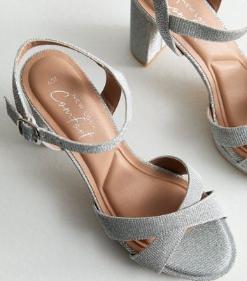 New look silver glitter block clearance heel sandals