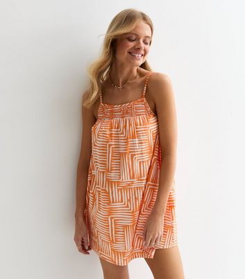 Orange Abstract Print Mini Dress Smocked