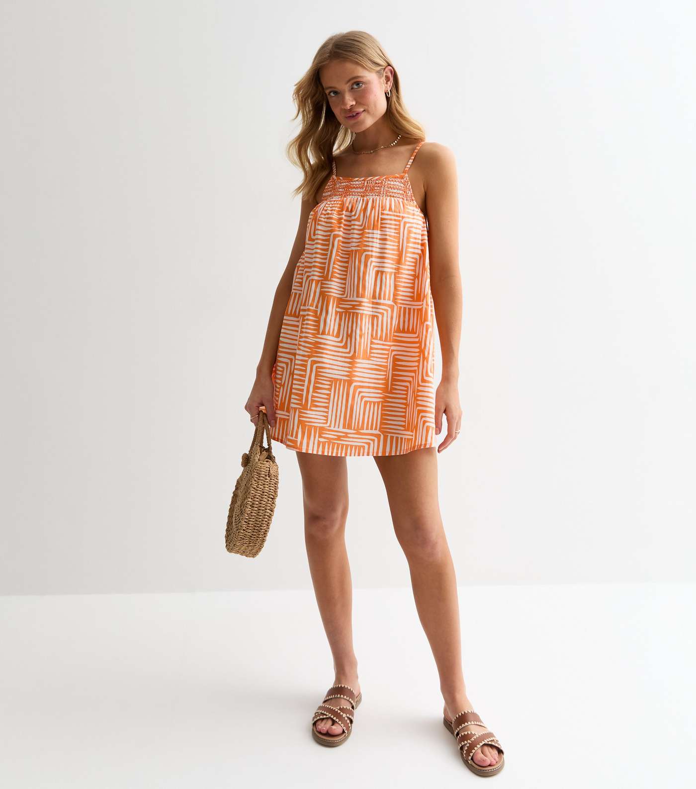 Orange Abstract Print Cotton Mini Smock Beach Dress Image 2