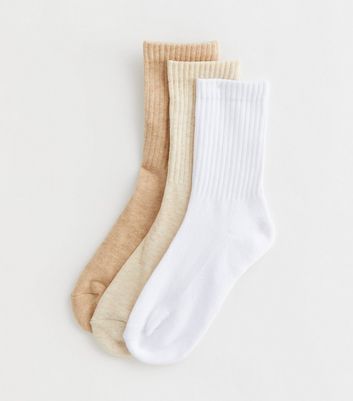 3 Pack Off White and Stone Ribbed Tube Socks New Look