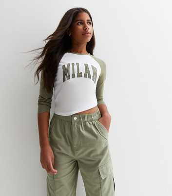 Girls Khaki Milan Logo Raglan Top