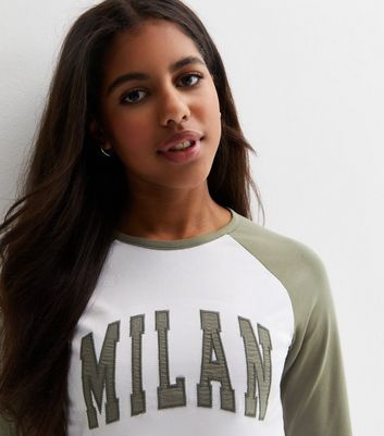 Girls Khaki Milan Logo Raglan Top New Look
