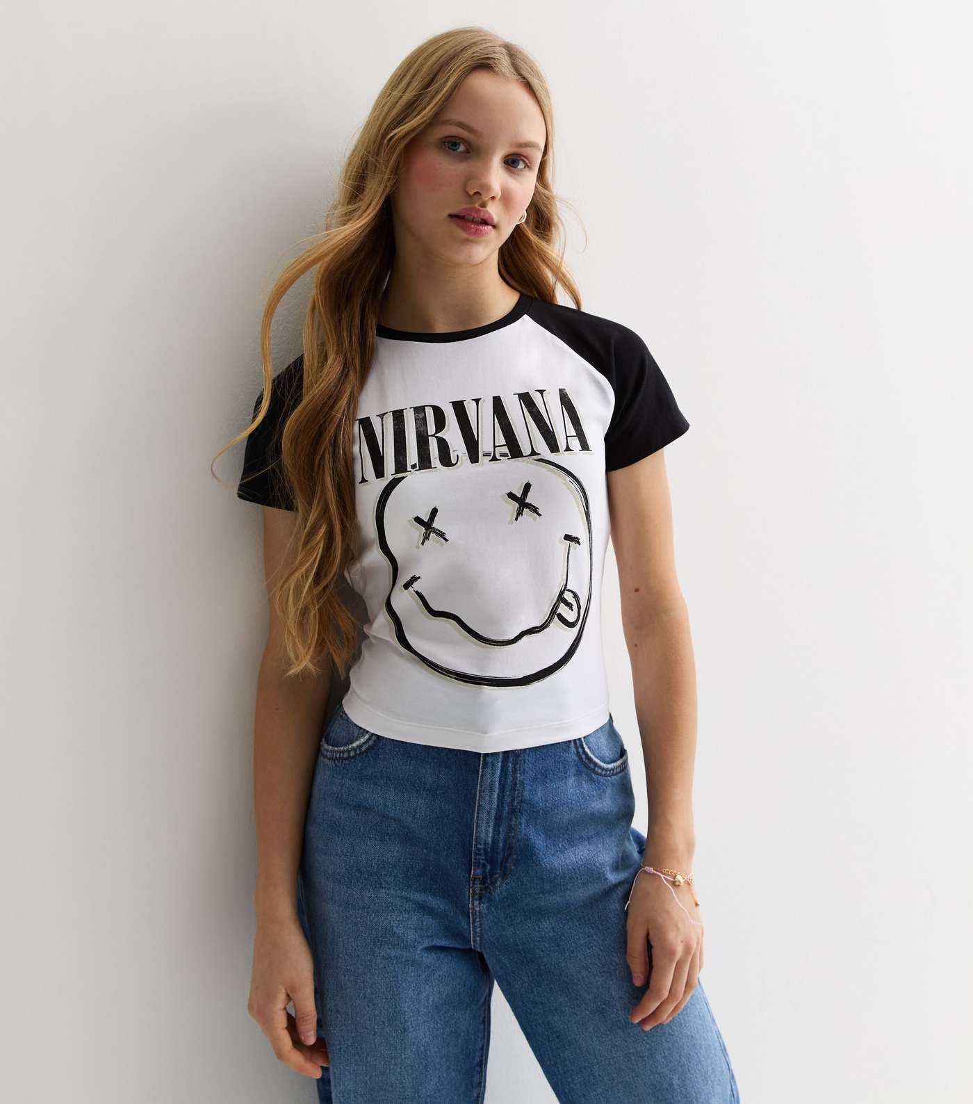 Girls Black Nirvana Logo Raglan T-Shirt