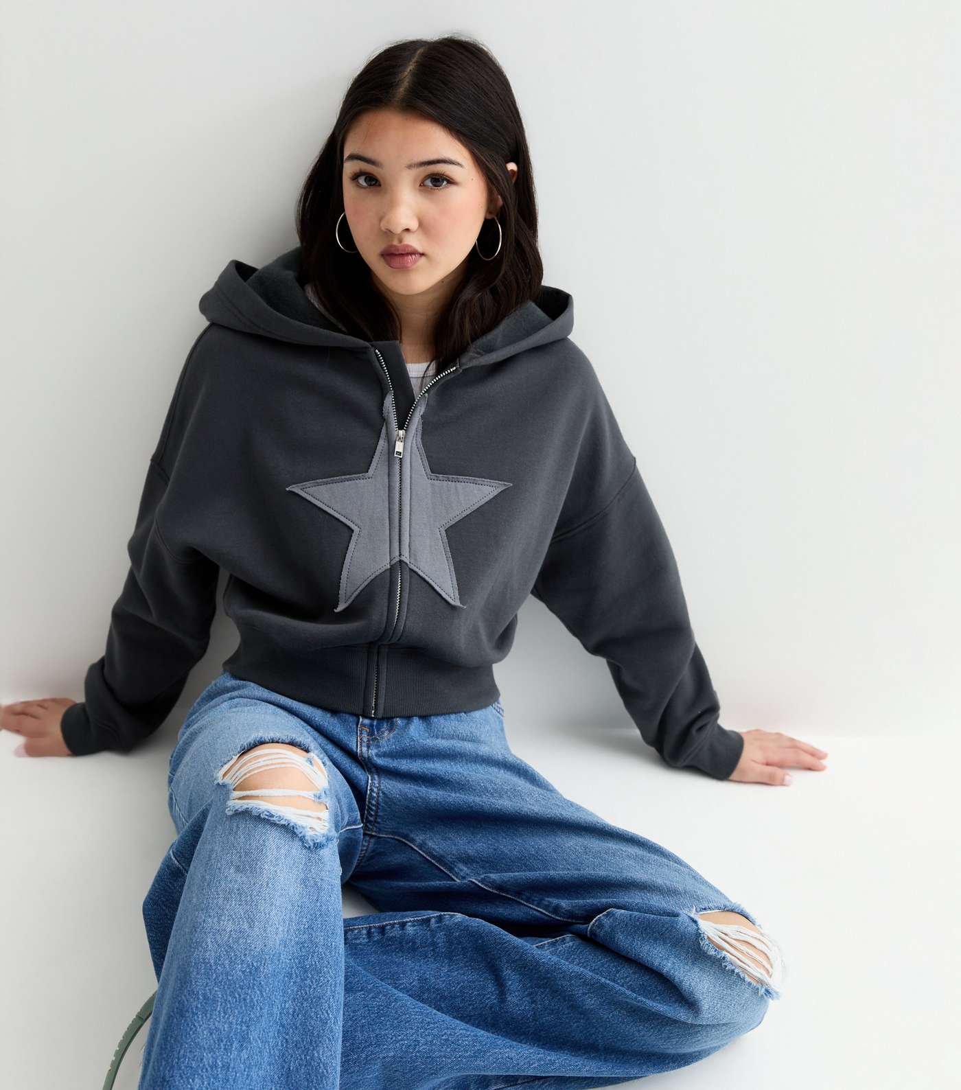 Girls Grey Embroidered-Star Zip Hoodie  Image 2