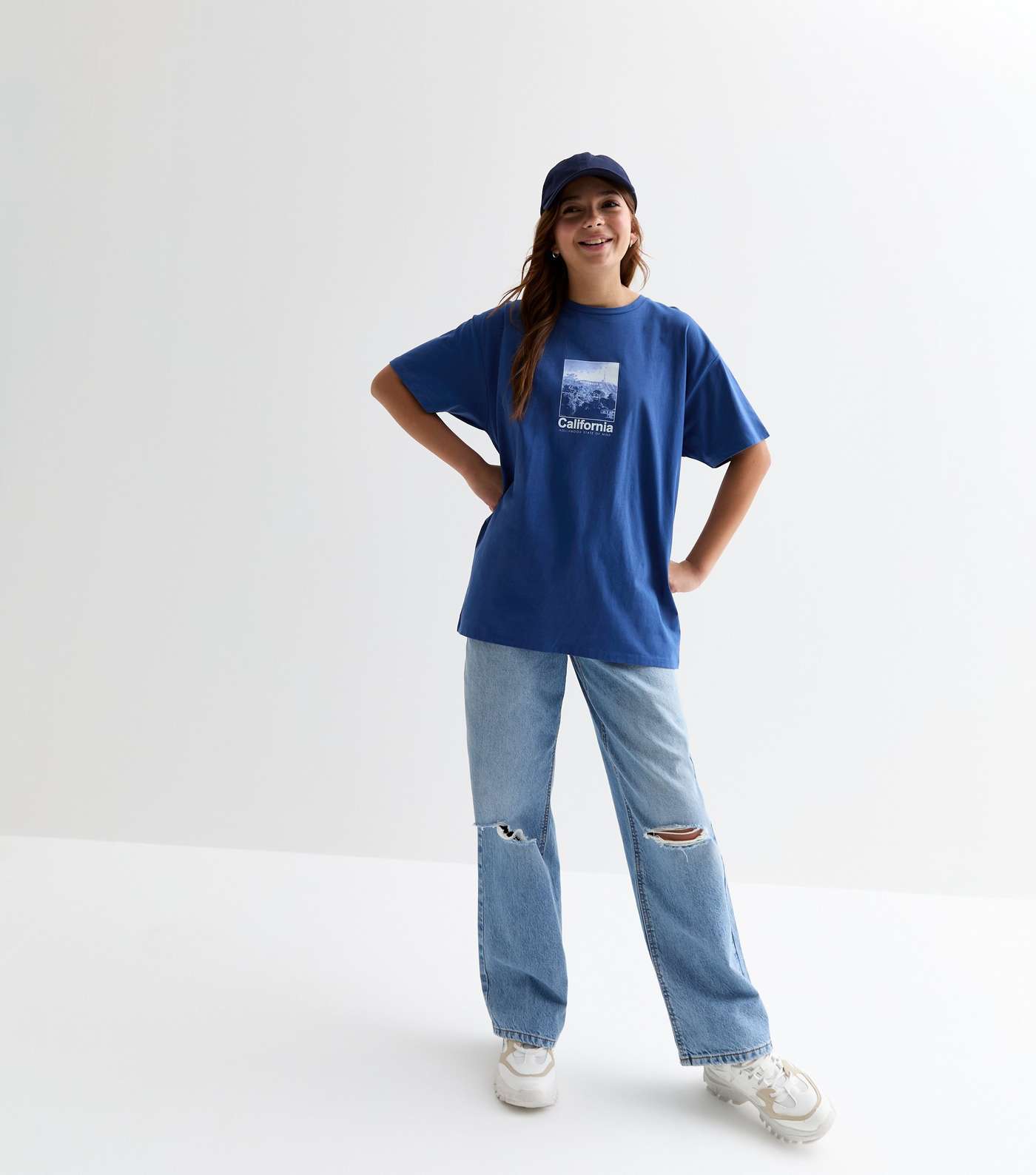 Girls Blue California Logo Longline T-Shirt Image 3