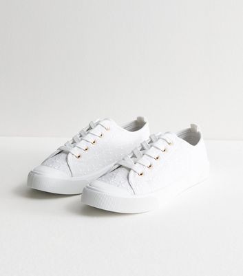 White Broderie Lace Up Chunky Trainers New Look