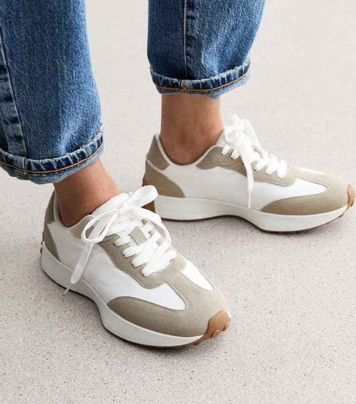 White Suedette Lace Up Chunky Trainers