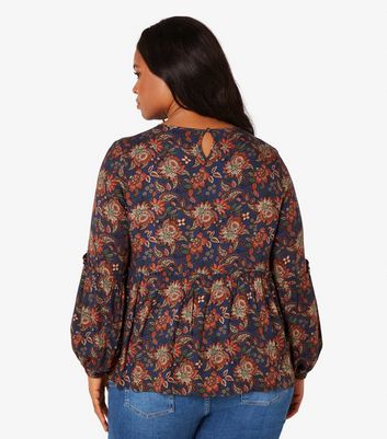 Apricot Curves Navy Floral Ruffle Hem Top New Look