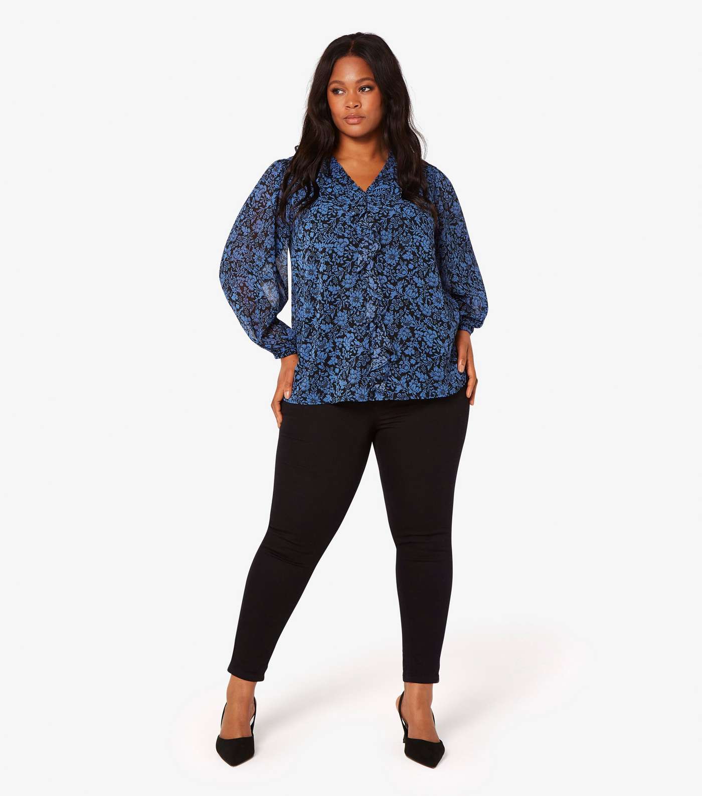 Apricot Curves Blue Floral Ruffle V Neck Top Image 2
