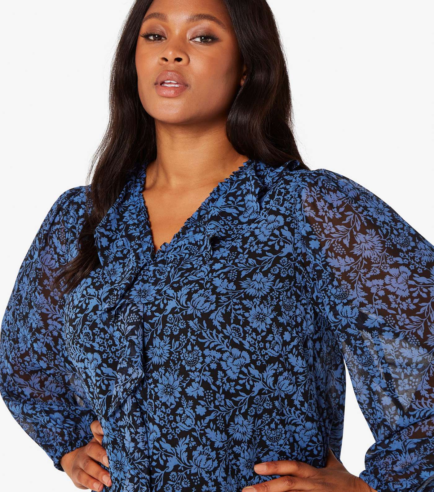 Apricot Curves Blue Floral Ruffle V Neck Top Image 4
