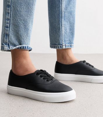 Black Leather Look Lace Up Trainers New Look