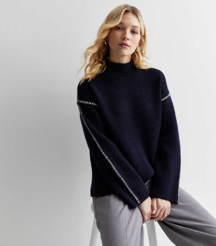 Navy Edge Stitch Mock Neck Jumper