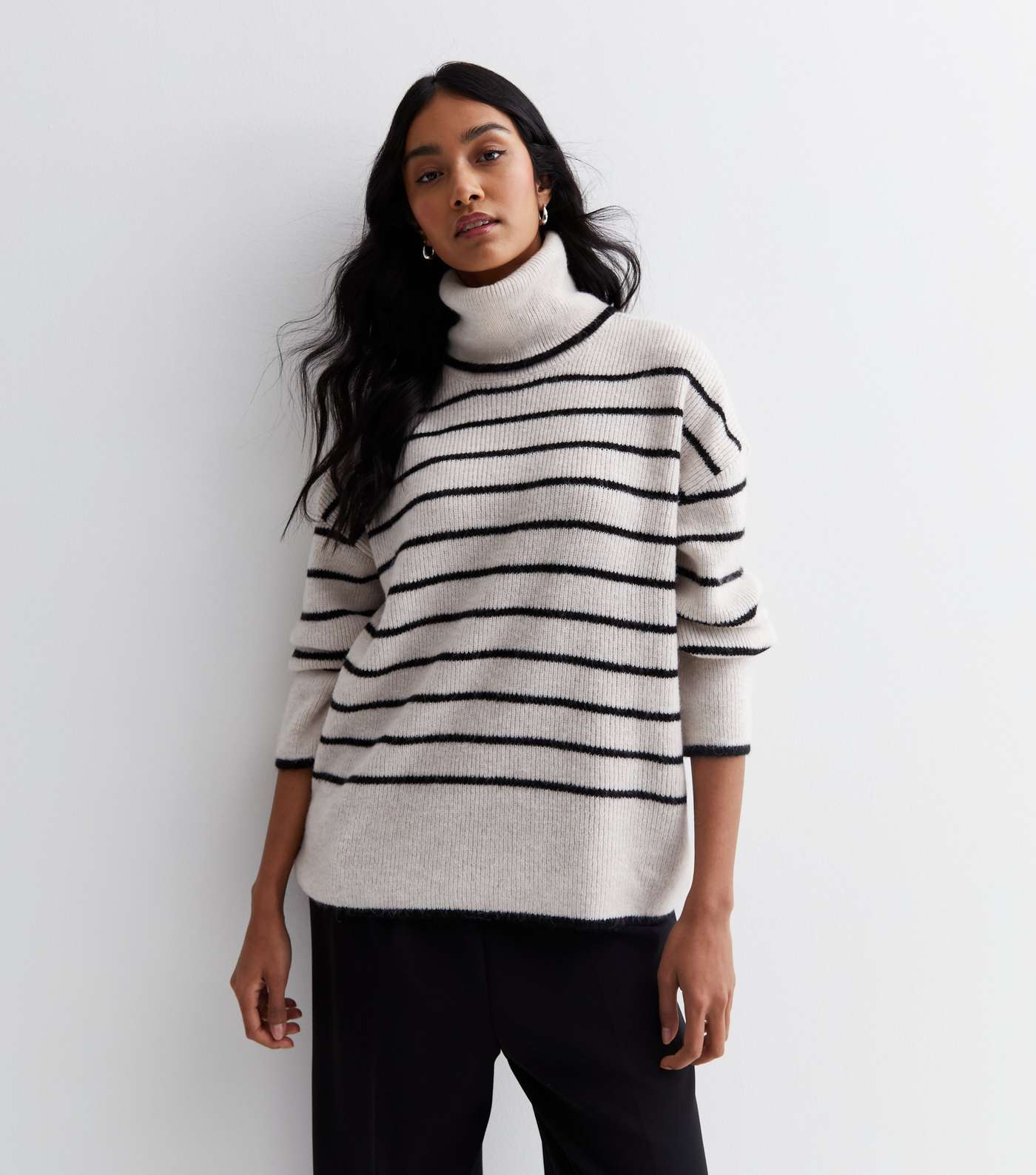 Off White Striped Roll Neck Jumper Image 2