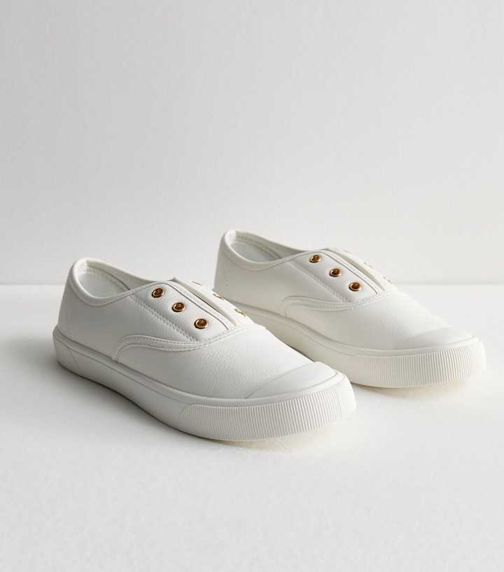 White Leather-Look Laceless Trainers