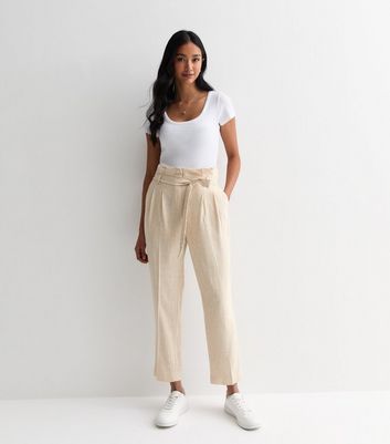 Stone Linen-Look Paperbag Trousers New Look