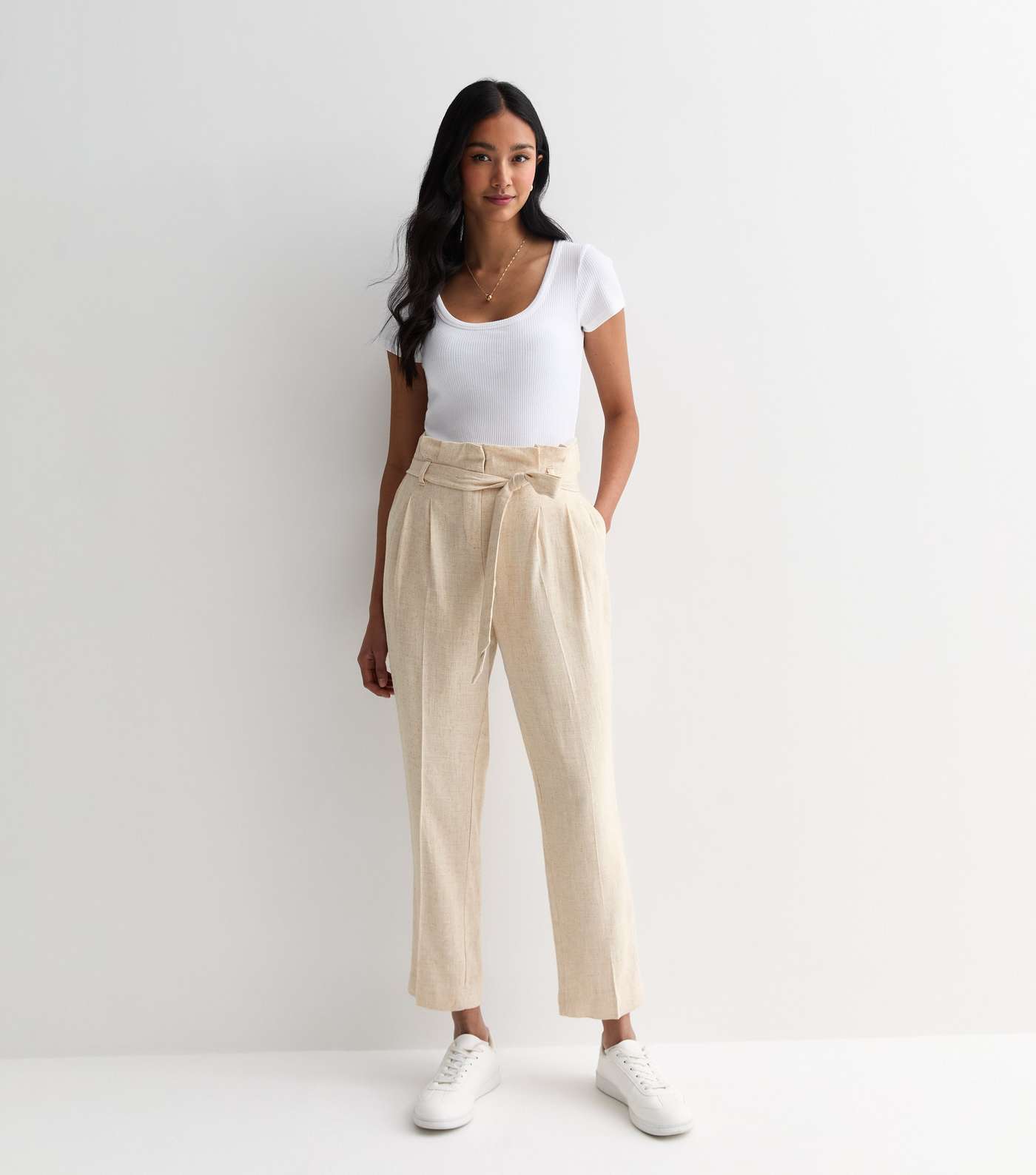 Stone Linen-Look Paperbag Trousers Image 3